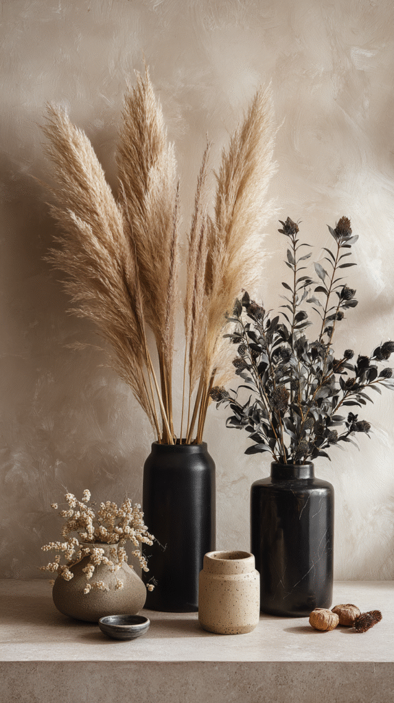 Elegant dried pampas grass and foliage in black and beige vases on a textured surface against a neutral backdrop.