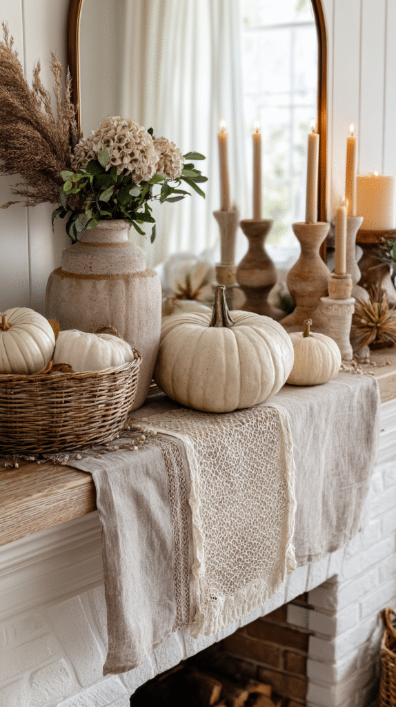 Elegant autumn mantel decor with white pumpkins, candles, pampas grass, and a woven basket on linen fabric.