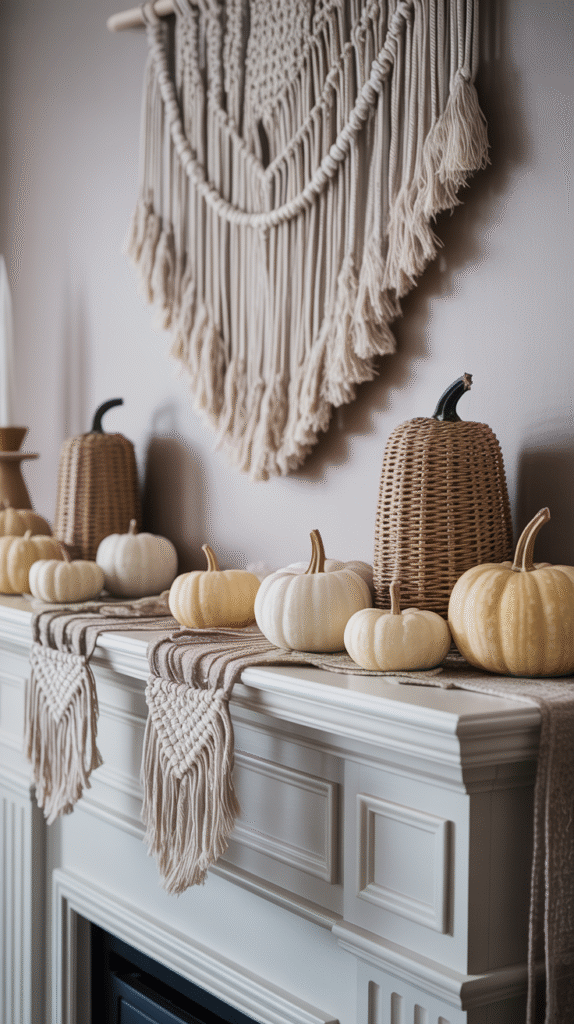 Cozy autumn mantel decor with pumpkins, woven baskets, and macramé wall hanging. Perfect fall interior inspiration.