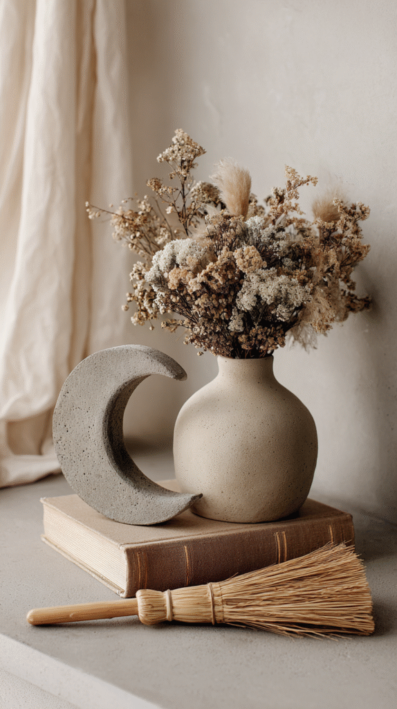 Rustic decor with a textured vase, dried flowers, crescent moon, and vintage broom on a minimalist shelf.