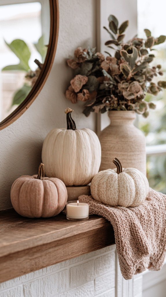 Decorative pumpkins and candle on a rustic wood mantel with a cozy knit throw, perfect for autumn home decor.