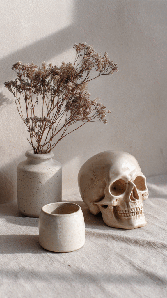 Ceramic skull and vases with dried flowers on linen, minimalist decor in soft sunlight.