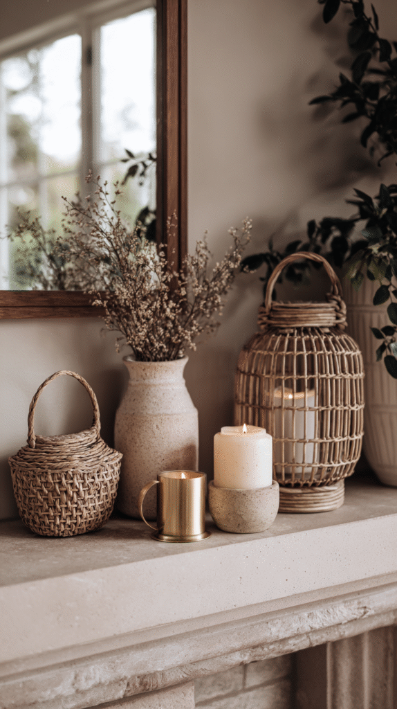 Cozy mantel decor with candles, vases, and wicker baskets for a rustic home ambiance.