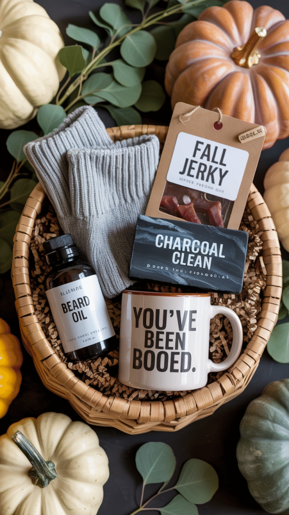 Gift basket with fall jerky, charcoal soap, beard oil, mug, and socks, surrounded by pumpkins and leaves.