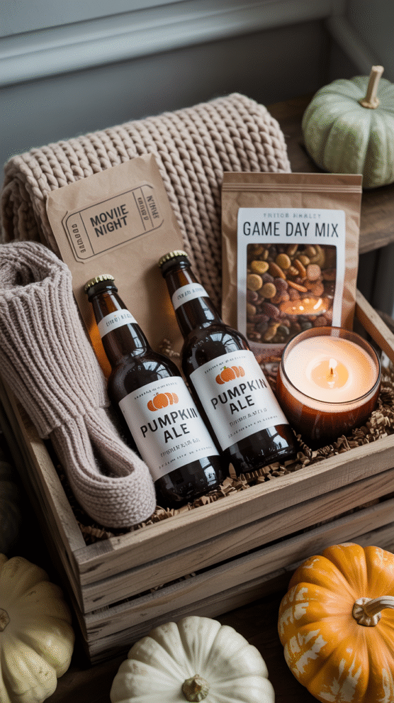 Cozy autumn gift box with pumpkin ale, game day mix, candle, socks, and fall decor. Perfect for movie night.