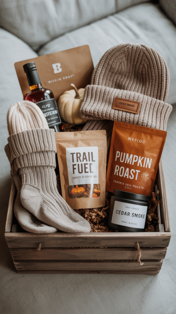 Cozy gift box with knit socks, beanie, snacks, and cedar smoke candle, perfect for autumn.
