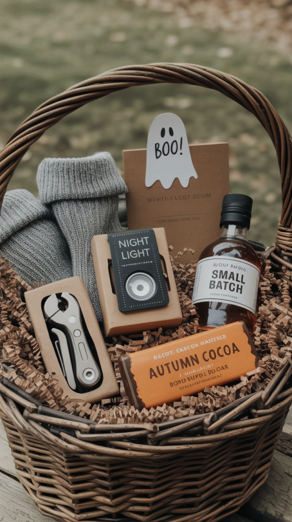 Cozy autumn gift basket with socks, night light, cocoa, and small batch syrup, perfect for fall relaxation.