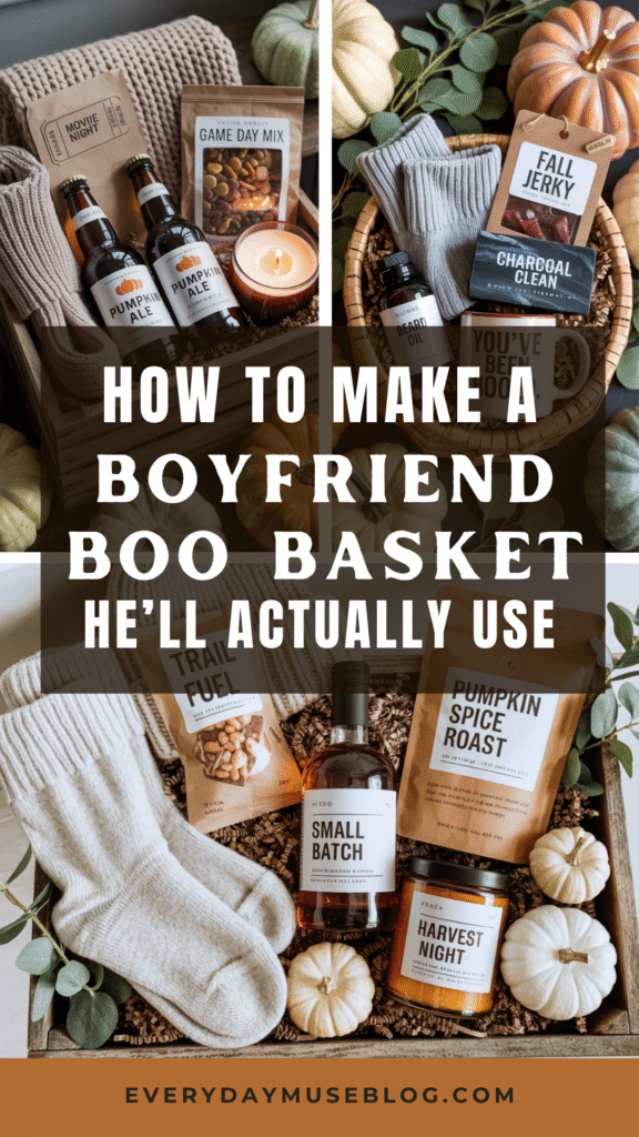 Gift basket with cozy socks, snacks, and candles; perfect for a boyfriend's fall surprise.