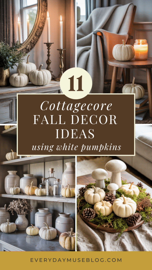 Cottagecore fall decor ideas with white pumpkins and candles for a cozy, rustic aesthetic. Visit everymuseblog.com.