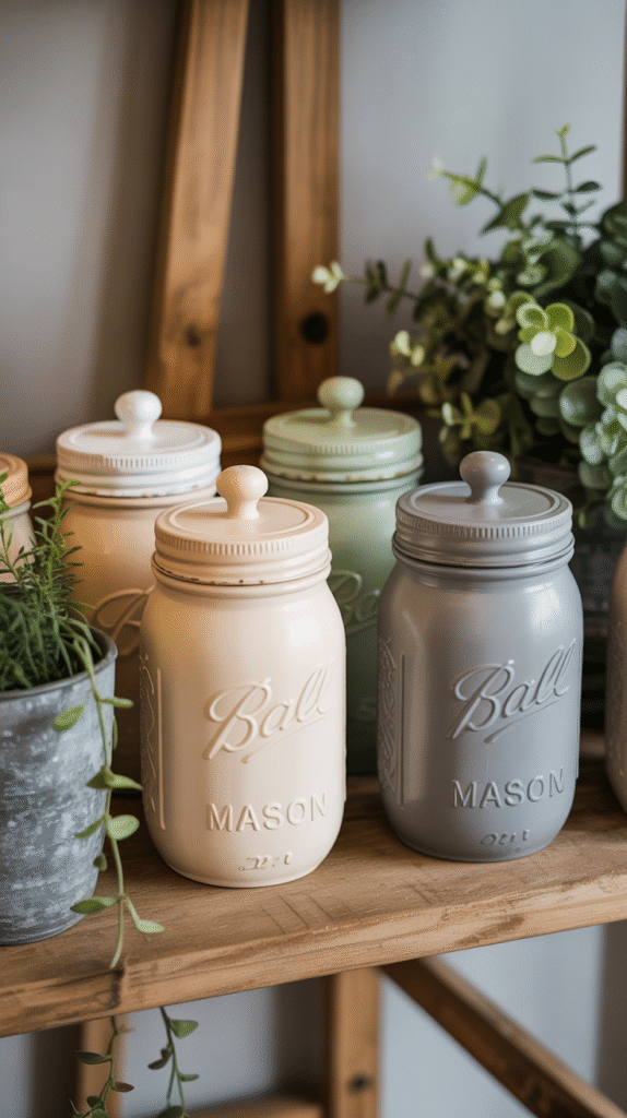 Colorful mason jars with lids on a wooden shelf next to potted plants.