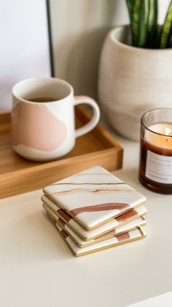 Elegant ceramic coasters, coffee mug, and lit candle on a cozy table setup. Perfect for home decor inspiration.