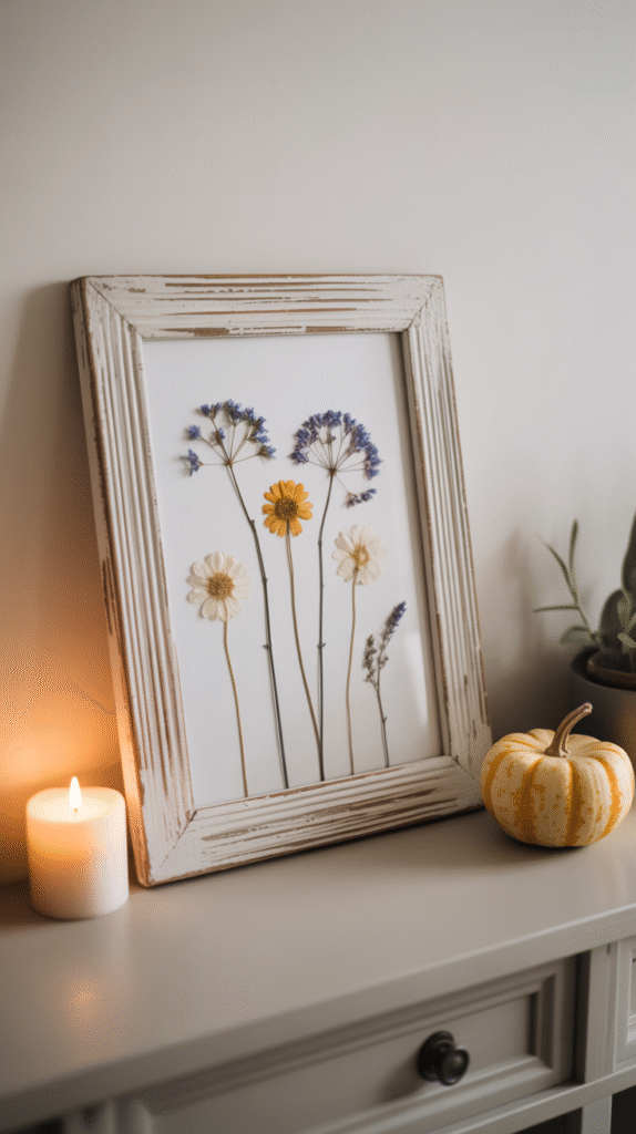 Framed pressed flowers with a candle and small pumpkin on a shelf. Cozy autumn decor in a rustic setting.