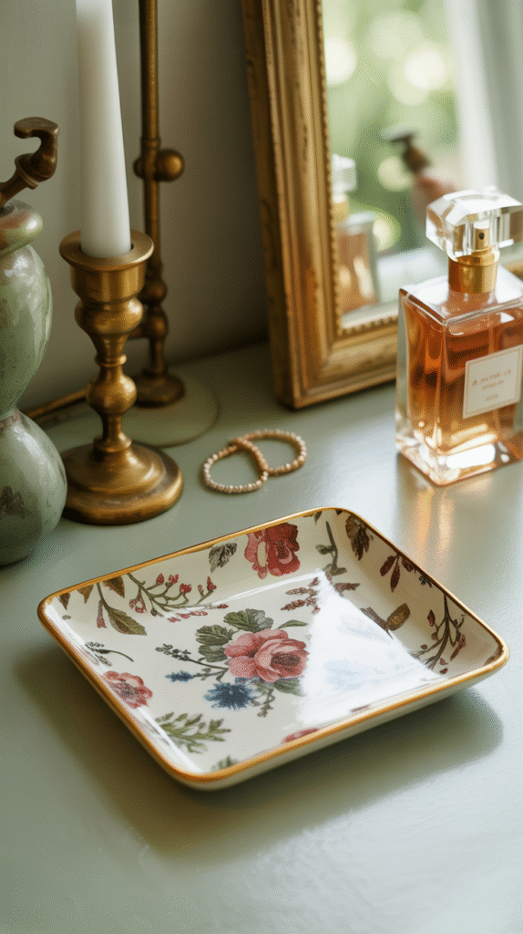 Floral ceramic tray on vanity with candle, perfume, and mirror, creating an elegant and vintage decor setting.