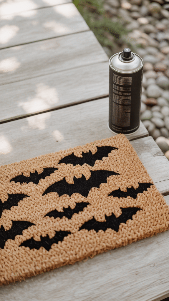 Halloween doormat with black bat designs, next to a spray can, on a wooden deck.