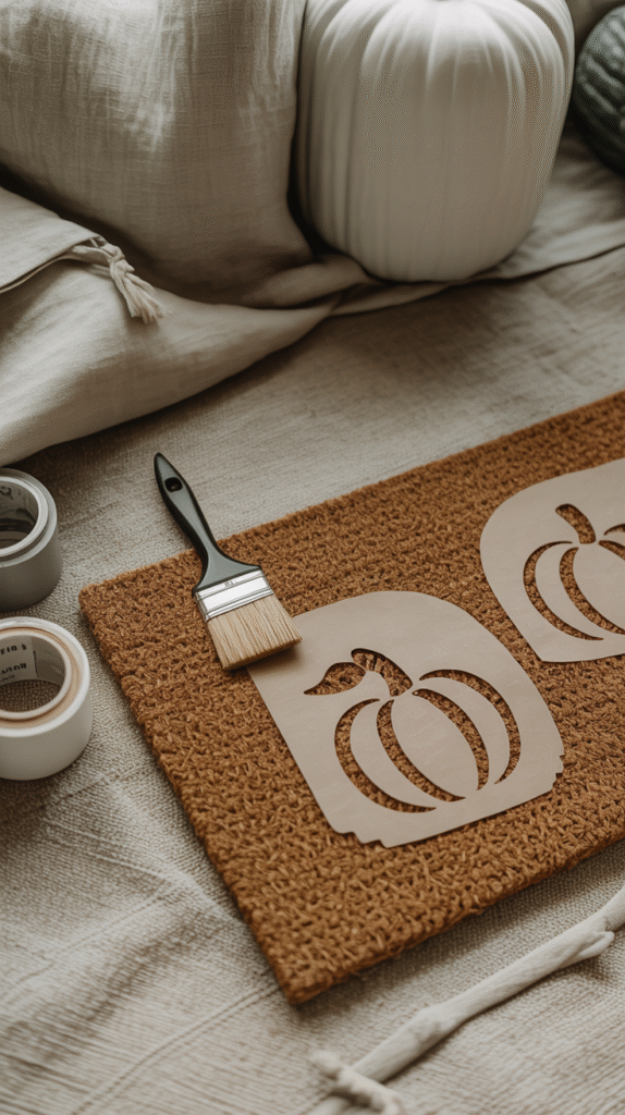 Pumpkin stencil on a doormat with a paintbrush and decor, ready for autumn DIY craft projects.
