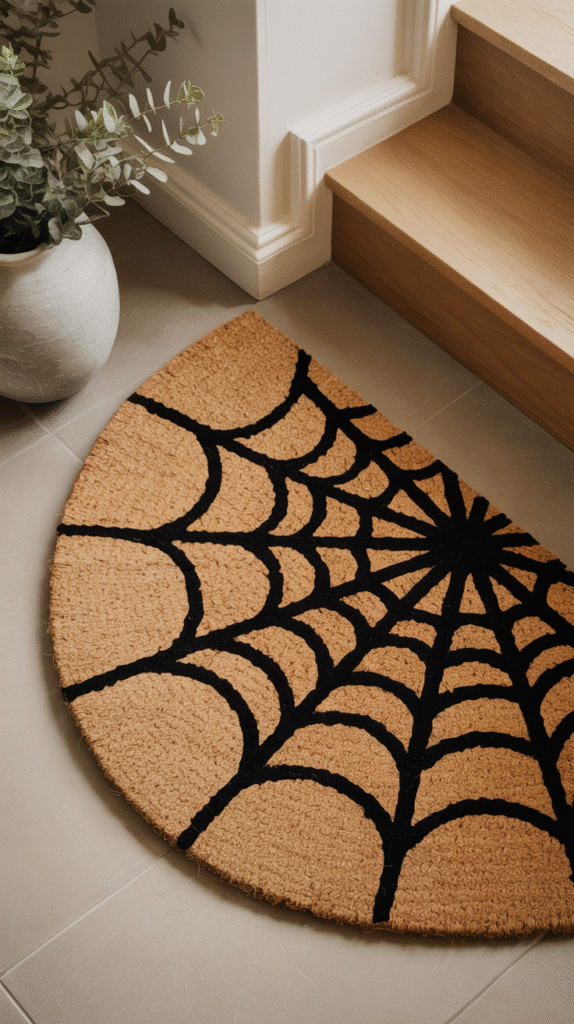 Spiderweb doormat on tiled floor by wooden steps, next to a potted plant. Perfect for Halloween decor.