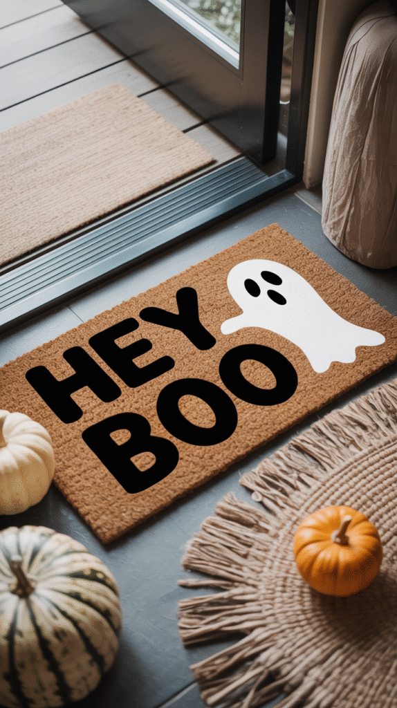 Halloween-themed doormat with Hey Boo text and ghost design, surrounded by pumpkins on a porch.