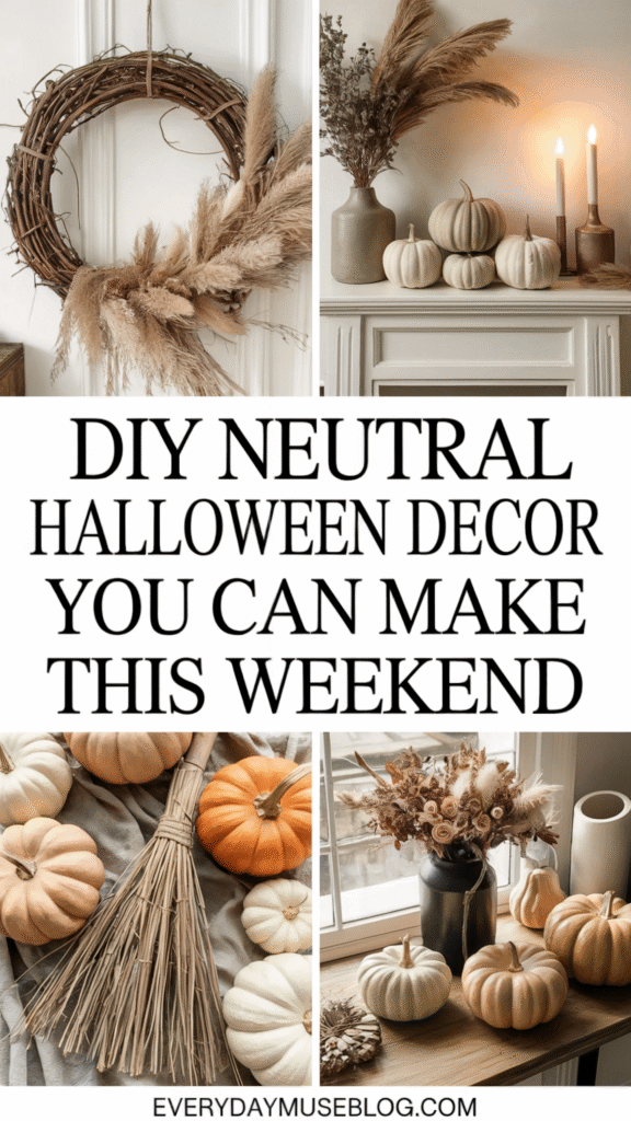 Neutral Halloween decor with pumpkins, dried florals, candles, and wreaths for a DIY weekend project.