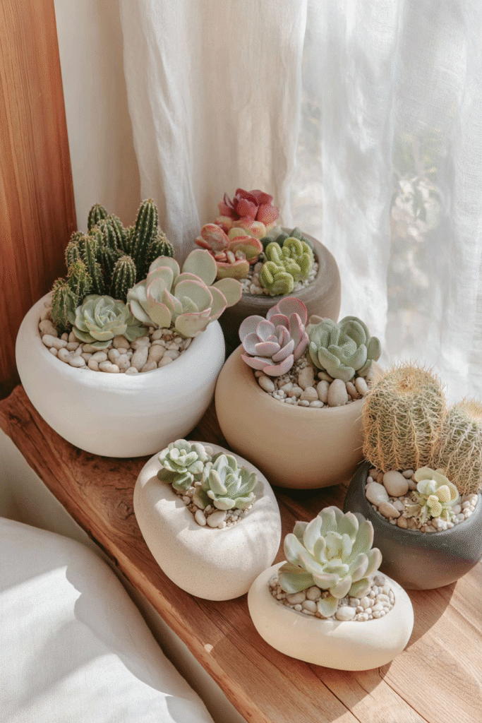 Assorted succulents in decorative pots on a wooden shelf by a sunlit curtain, creating a serene indoor garden setting.