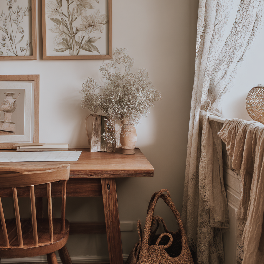 earthydormroom-wallart Cozy home office with wooden desk, botanical art, and natural decor in a bright, airy space.
