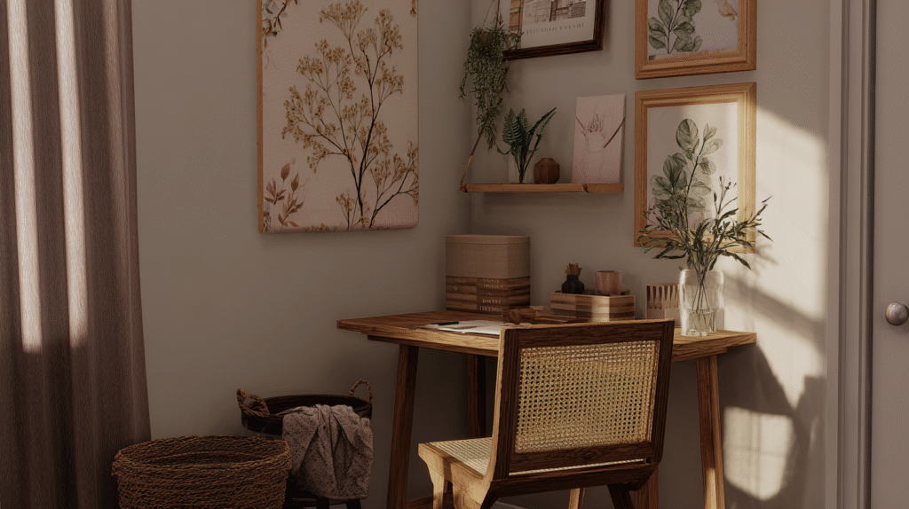 Cozy home office with wooden desk, chair, plant decor, and framed botanical art on the wall. Warm, natural lighting.