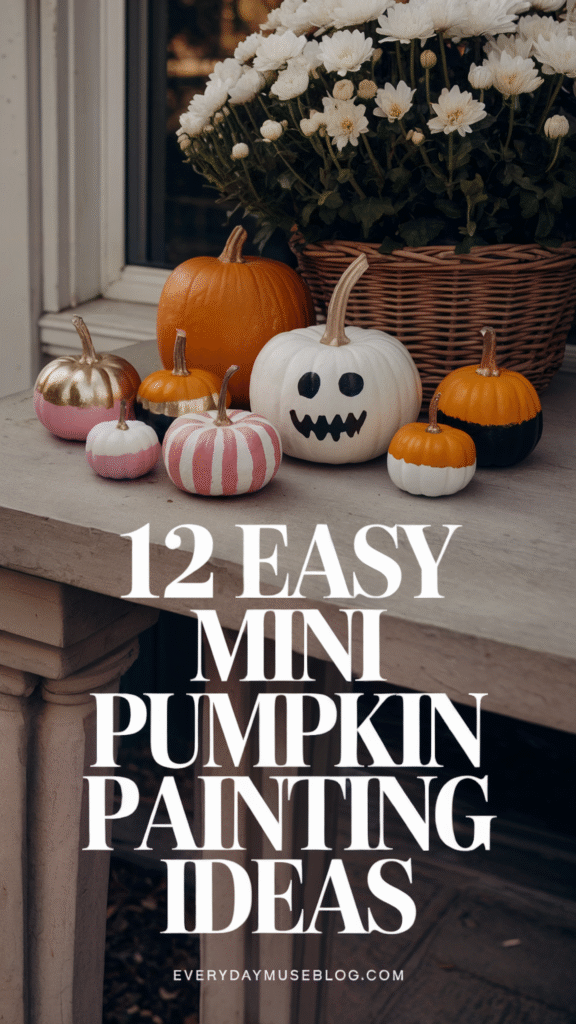 Mini pumpkins painted creatively for Halloween decor, surrounded by flowers with text 12 Easy Mini Pumpkin Painting Ideas.