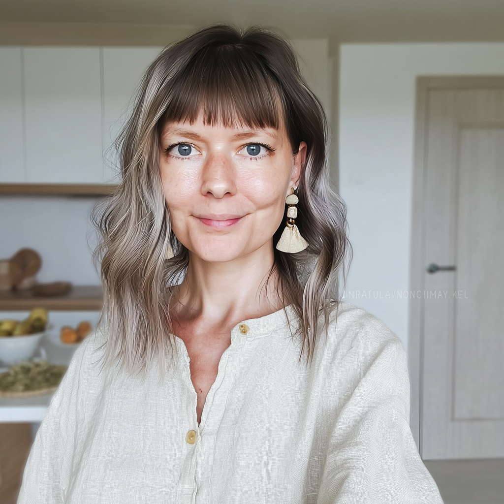 editor5 Smiling person with wavy hair and tassel earrings in a kitchen setting.