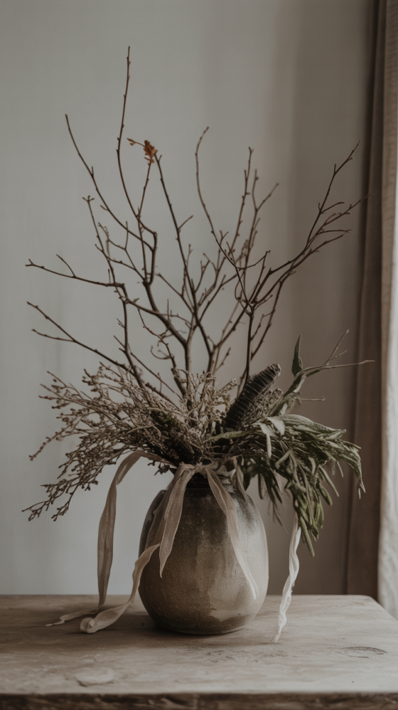 Minimalist dried floral arrangement in ceramic vase on wooden table, neutral tones, rustic home decor.