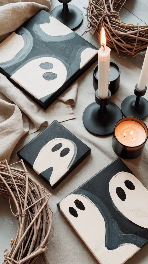 Spooky ghost paintings with candles and wreaths create a cozy Halloween decor setup.