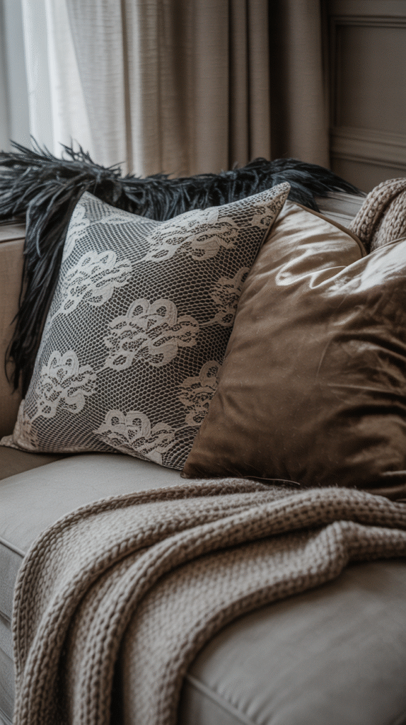 Cozy sofa setup with a patterned pillow and blanket, ideal for elegant home decor and comfort.