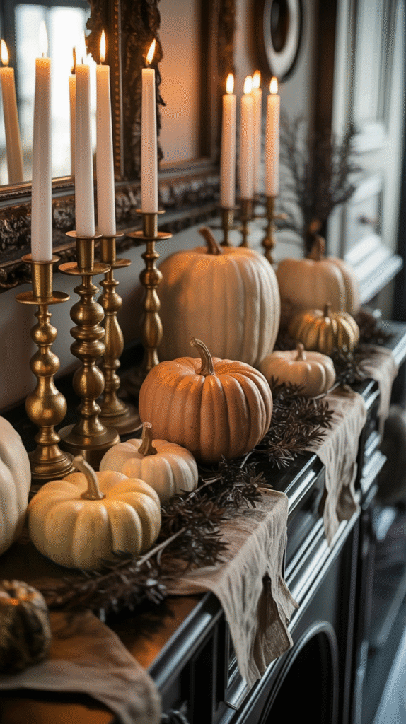 Elegant autumn decor with pumpkins, candles, and leaves on a mantelpiece, creating a warm and cozy seasonal ambiance.