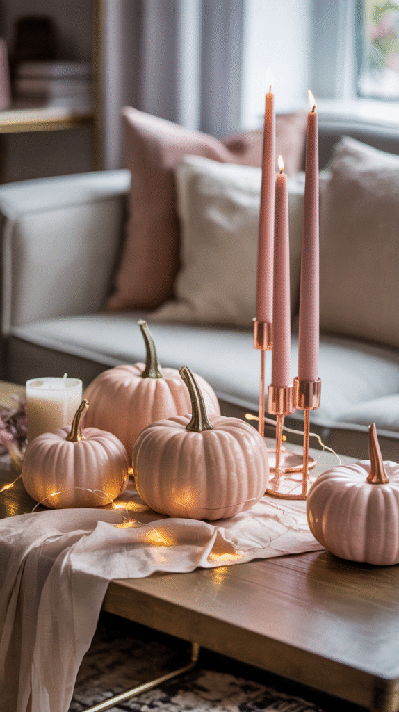Cozy autumn decor with pink pumpkins, candles, and fairy lights on a wooden table in a softly lit living room.
