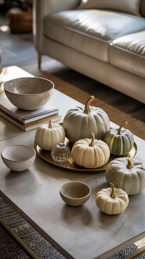 Decorative pumpkins and bowls on a coffee table in a cozy living room setting, perfect for fall home decor.