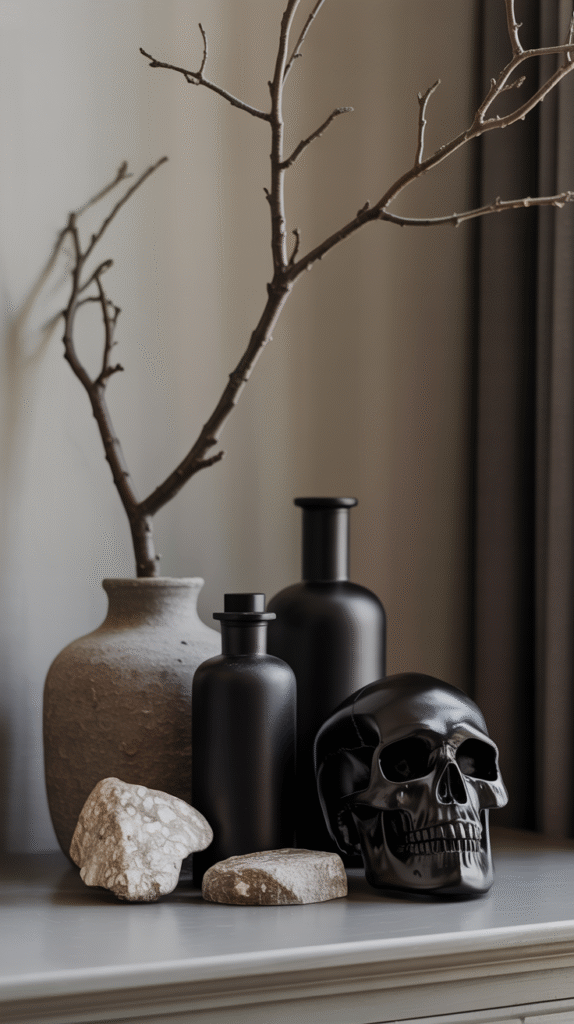 Minimalist decor with black skull, vases, stones, and branches on a shelf. Elegant, modern home interior design.