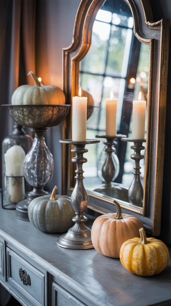 Elegant autumn decor with candles, pumpkins, and ornate mirror on a stylish console table. Cozy fall ambiance.