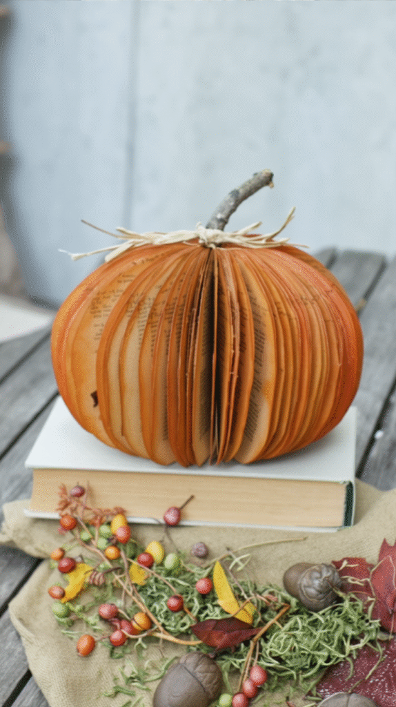 Decorative pumpkin made from book pages on a table with autumn decorations, including berries and leaves.