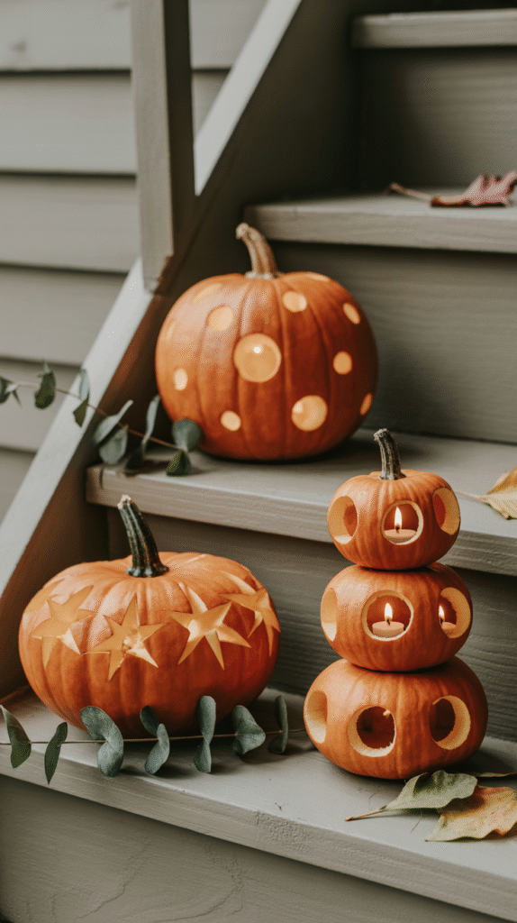 Creative carved pumpkins with candles on stairs, featuring star and polka dot designs for Halloween decor.
