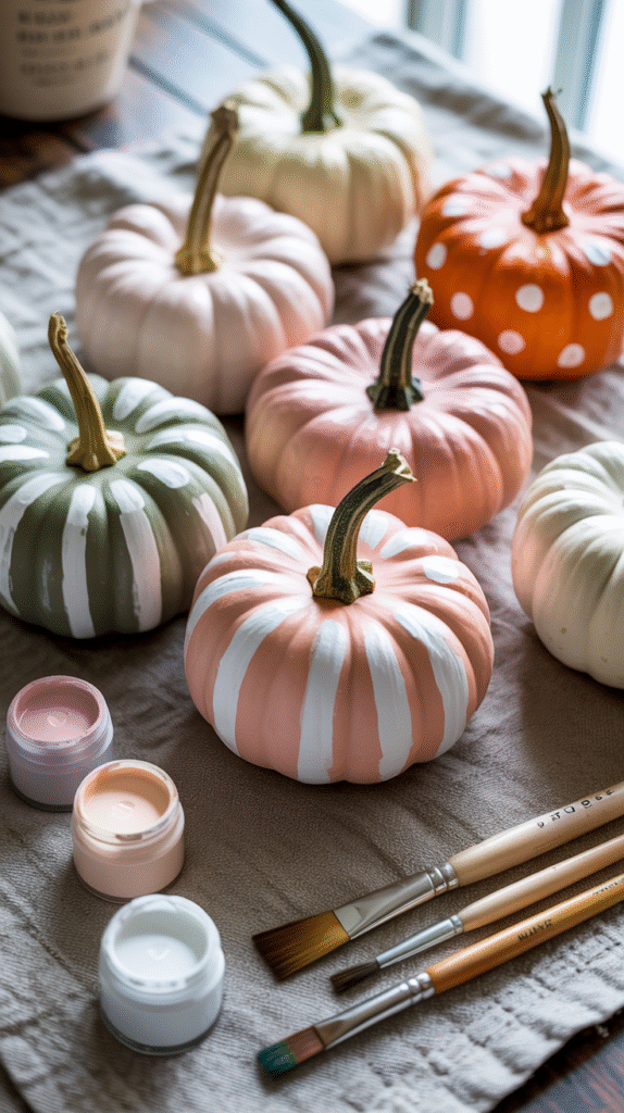 Painted pumpkins with stripes and polka dots, surrounded by paintbrushes and paint jars on a cloth surface.