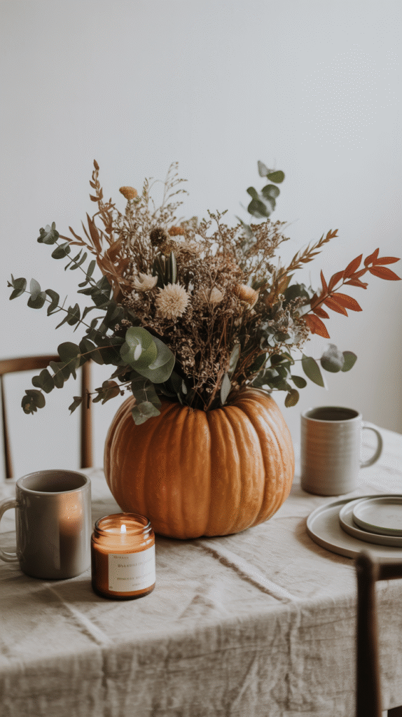 Cozy autumn table setting with pumpkin vase, fall flowers, candles, and coffee mugs on a linen tablecloth.