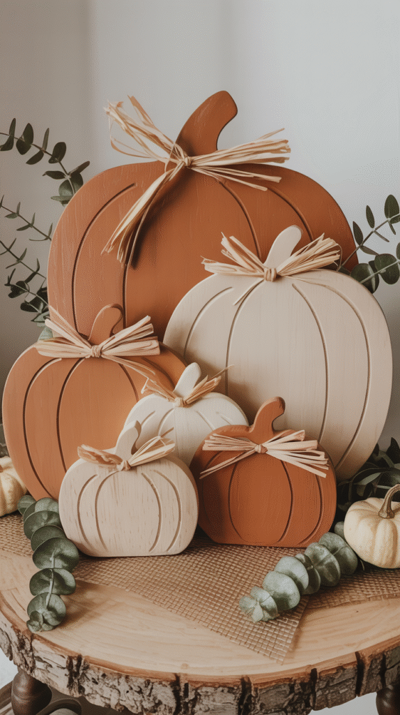 Wooden pumpkin decor with rustic bows on a wooden surface, surrounded by greenery. Perfect for fall decorations.