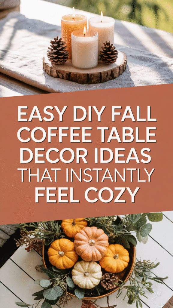 Cozy fall coffee table decor with candles, pinecones, and small pumpkins for DIY inspiration.