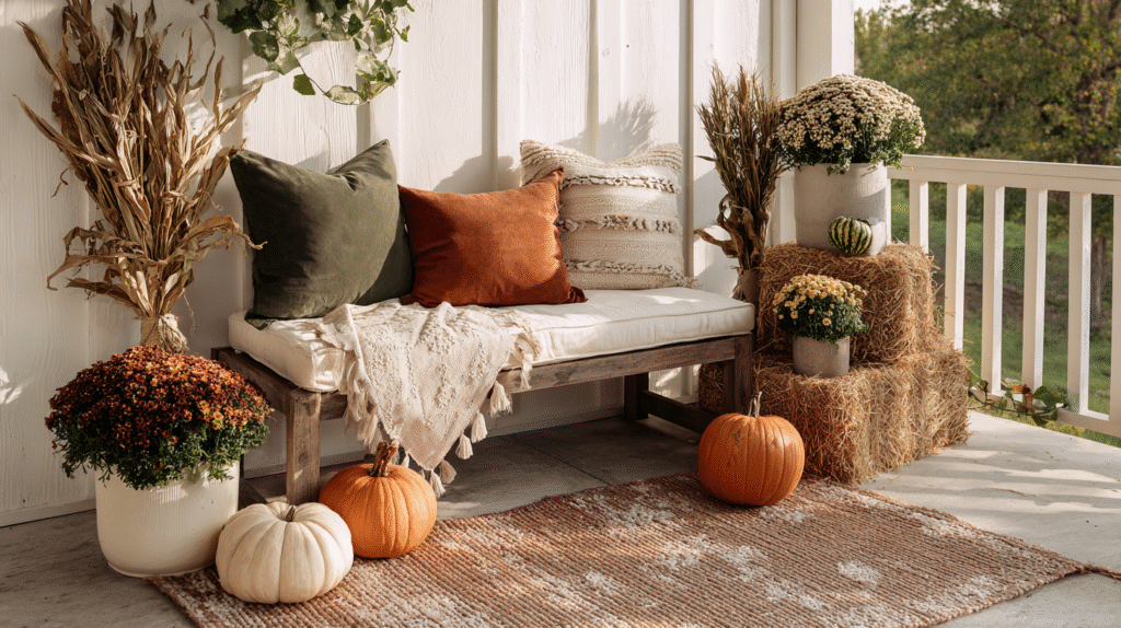 Cozy autumn porch with pumpkins, hay bales, mums, and a bench with fall-themed pillows and a throw blanket.