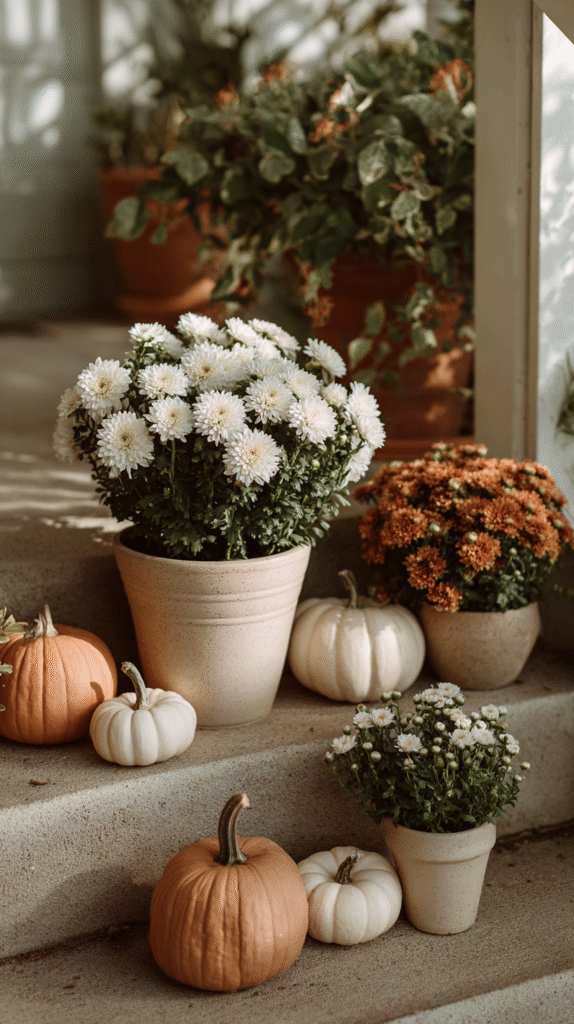 Potted chrysanthemums and pumpkins on a porch step create a cozy autumn scene with seasonal decor.