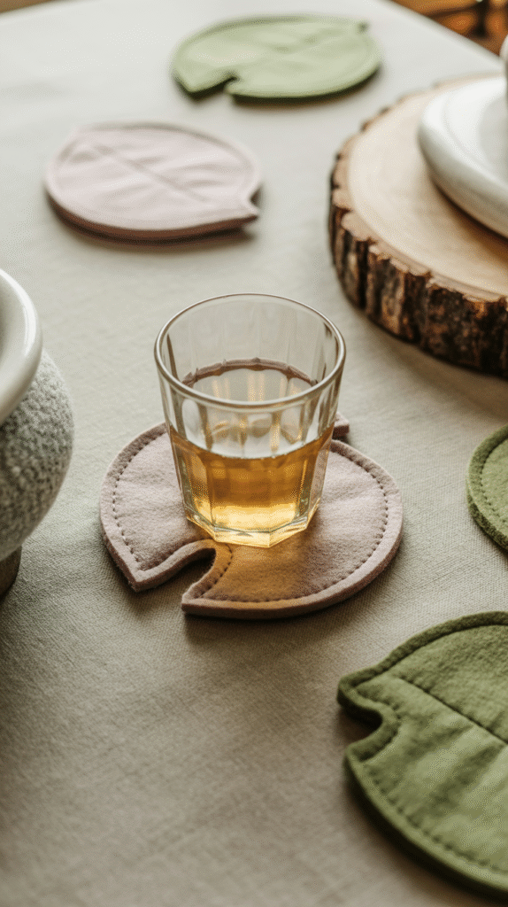 Glass of iced tea on a leaf-shaped coaster, surrounded by green and pink coasters on a table.