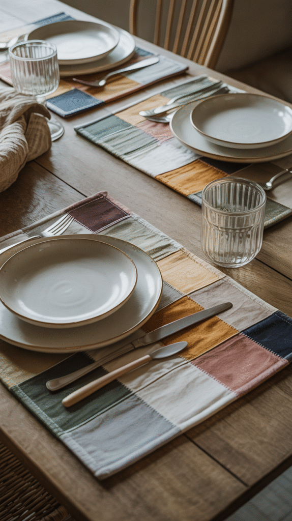 Elegant table setting with plates, cutlery, glasses, and colorful placemats on a wooden dining table.