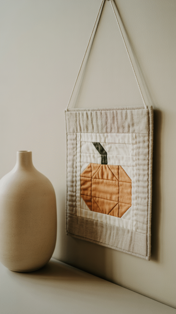 Quilted pumpkin wall hanging beside a minimalist beige vase, adding cozy fall decor to a neutral-toned room.