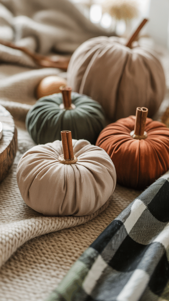 Fabric pumpkins with cinnamon stick stems on cozy textured blankets, creating a warm autumn decor setting.
