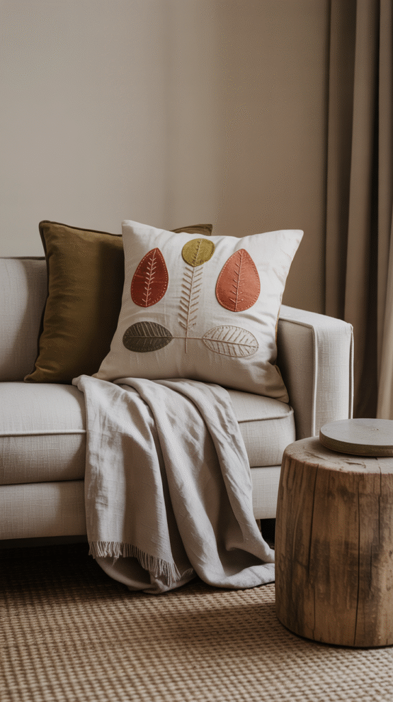 Cozy sofa with leaf-patterned cushion, beige throw, and wooden side table for stylish home decor.