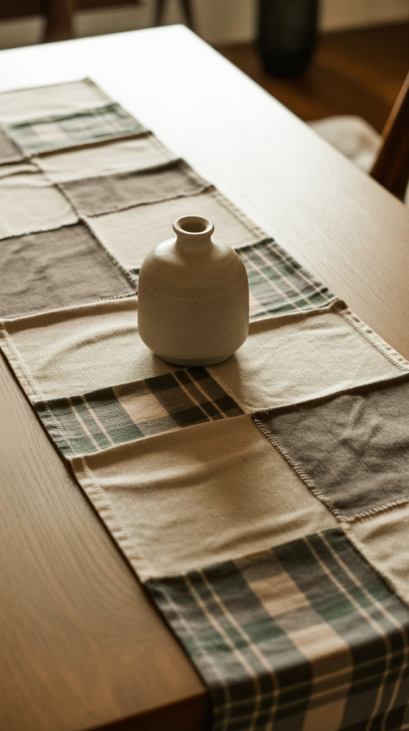 Ceramic vase on a plaid table runner atop a wooden table, creating a minimalist and cozy dining room setting.