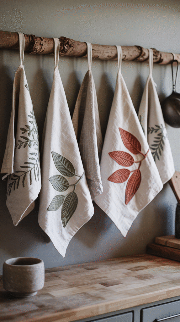 Decorative kitchen towels with leaf patterns hanging on a rustic wooden rod over a wooden countertop.